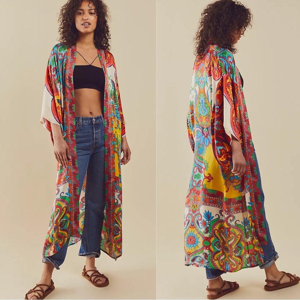 Free People Multi-Color Paisley Long Kimono